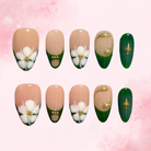 Evergreen Bloom | Handmade Nails,Ellie Vincy Press on Nails,Short  Almond,Cute, Floral, French tip,Handmade White, Green, Gold, Nude press on nails,10 pcs, False nails,Reusable,Glue on nails,Sticky on nails,Pop on nails