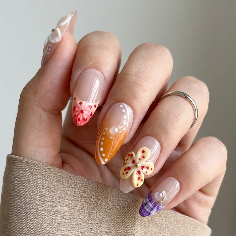 ellie vincy press on nails  Dewy Floral | Handmade Nails Almond  Pink, White, Orange  Floral