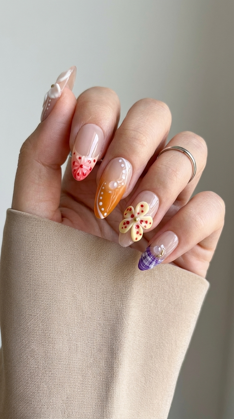 Ellie Vincy Press on Nails  Dewy Floral | Handmade Nails Almond  Pink, White, Orange  Floral