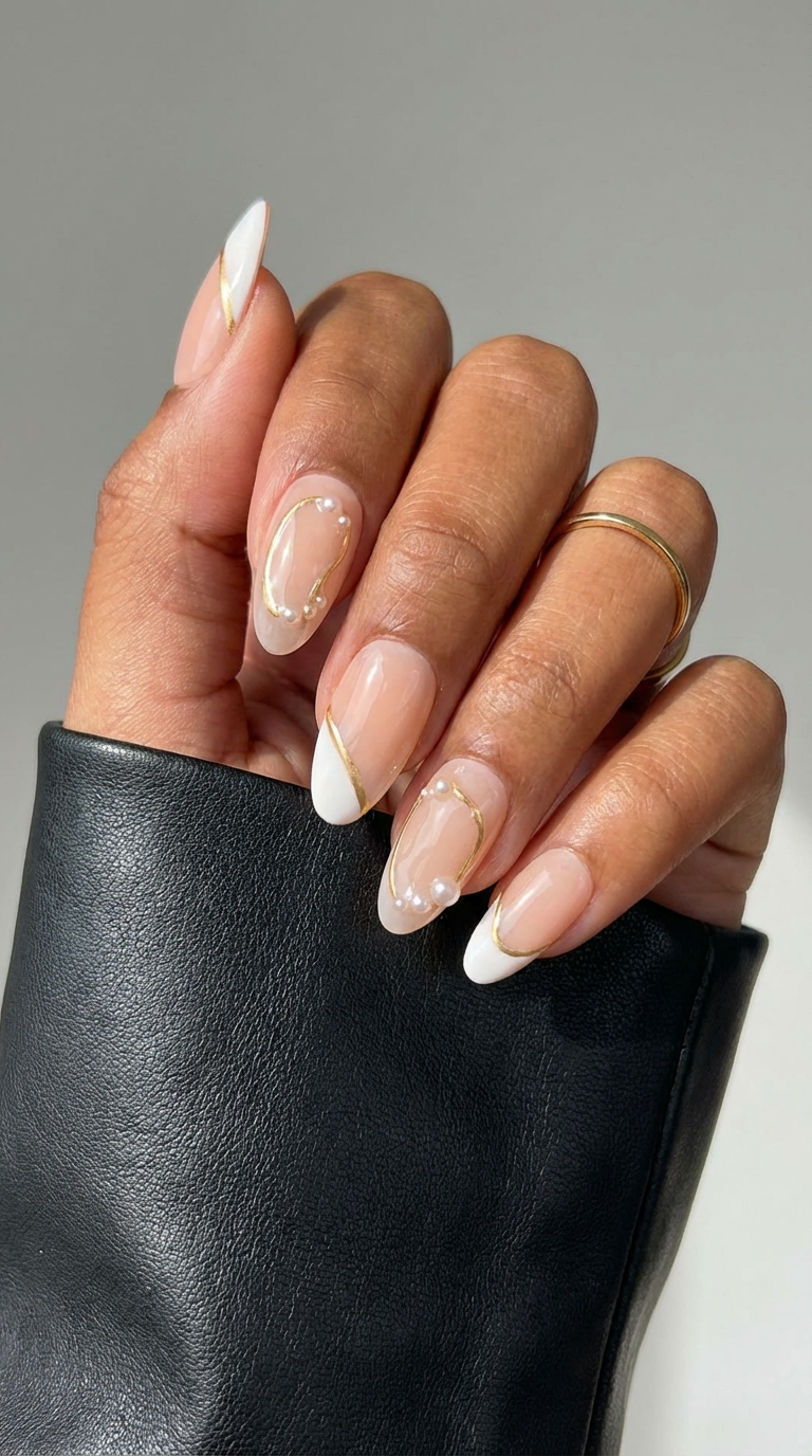 Ellie Vincy Press on Nails  White Cream Almond Luxury Short Glue on Press on Nails Almond, Square  Floral, Pink, Beige, Geometric  Floral, French tip, Abstract, Geometric, Metallic