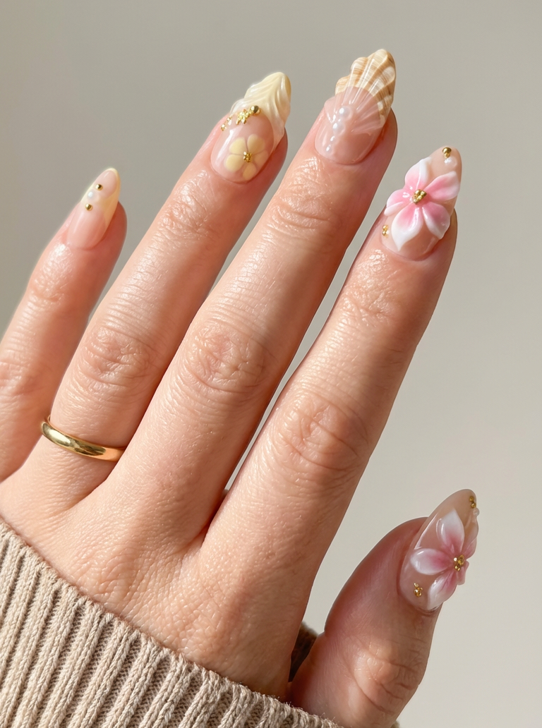 ellie vincy press on nails  Nude Shell  Short Almond Luxury Glue on Press on Nails Almond, Square  Green  Floral, French tip, Animal print, Geometric, EV025, Metallic