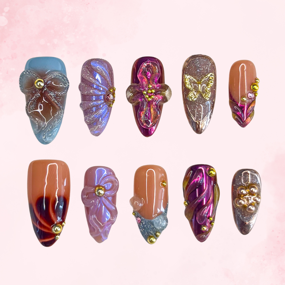 Bow Bling| Handmade Nails,Ellie Vincy Press on Nails,Medium  Almond,Iridescent, Floral,Handmade Nude, Red, Orange, Purple press on nails,10 pcs, false nails,reusable,glue on nails