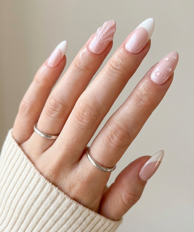 ellie vincy press on nails  Pearl Drop French Almond  Pink, White, Floral  Cute, Floral, French tip