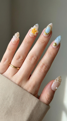 Ellie Vincy Press on Nails  Coastal Shell  Almond Luxury Short Glue on Press on Nails Almond, Square  Floral, Pink, Beige, Geometric  Floral, French tip, Abstract, Geometric, Metallic