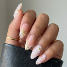 ellie vincy press on nails  Golden White  Short Almond Luxury Glue on Press on Nails Almond, Square  Green  Floral, French tip, Animal print, Geometric, EV025, Metallic