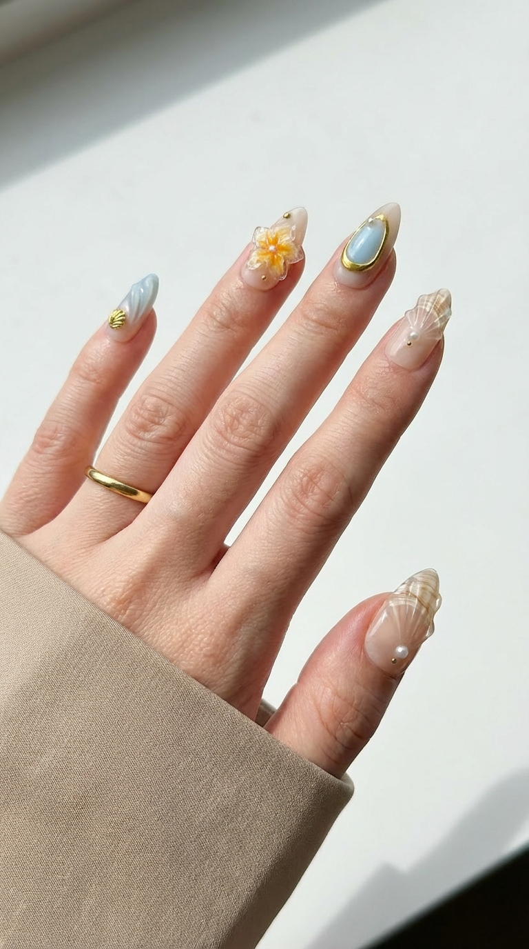 Ellie Vincy Press on Nails  Coastal Shell  Almond Luxury Short Glue on Press on Nails Almond, Square  Floral, Pink, Beige, Geometric  Floral, French tip, Abstract, Geometric, Metallic