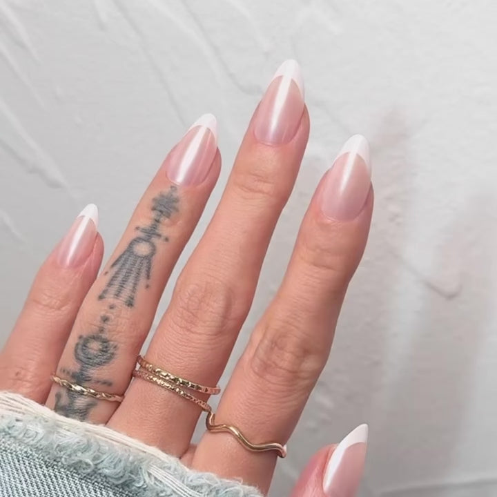 nude white nails, white french tip, french tip glaze, chrome nails, white chrome nails, classic white french tip, french tip almond nails