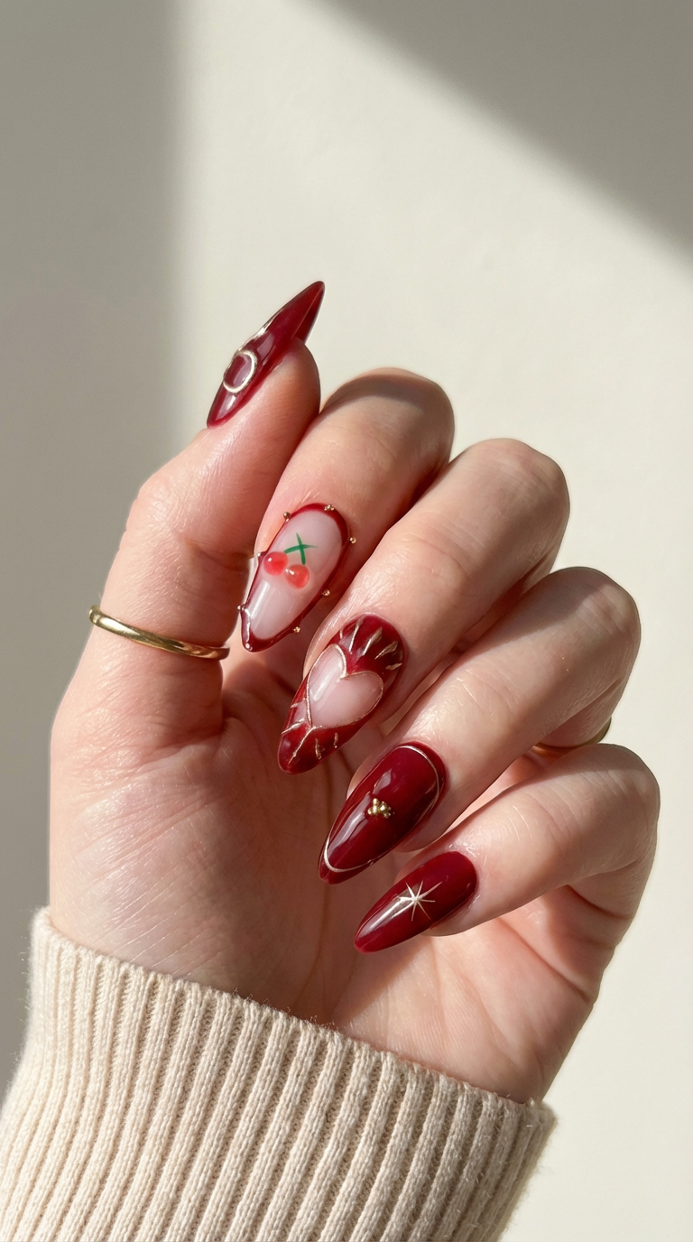 ellie vincy press on nails  Cherry Bow | Handmade Nails Almond  Red, Brown, Gold, Floral  Cute, Glitter, Floral, French tip, Geometric