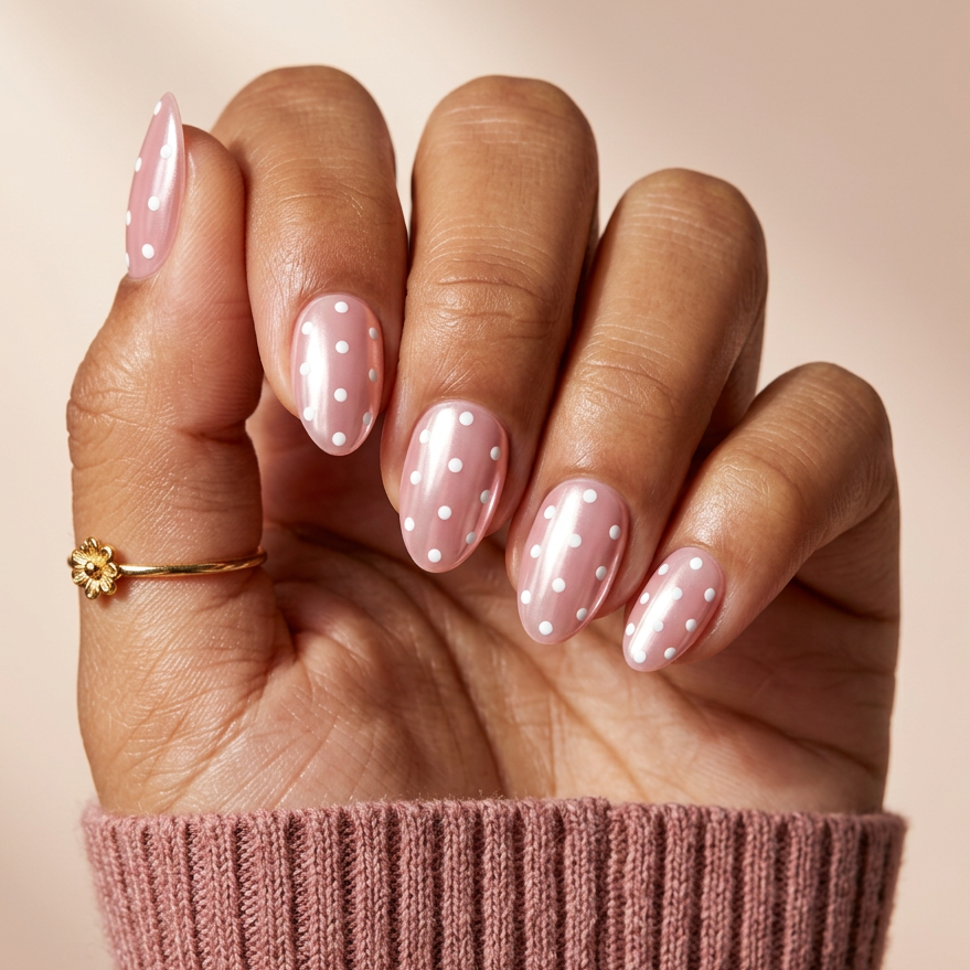 Hand with pink nail polish and polka dots, wearing a gold ring, on a beige background.