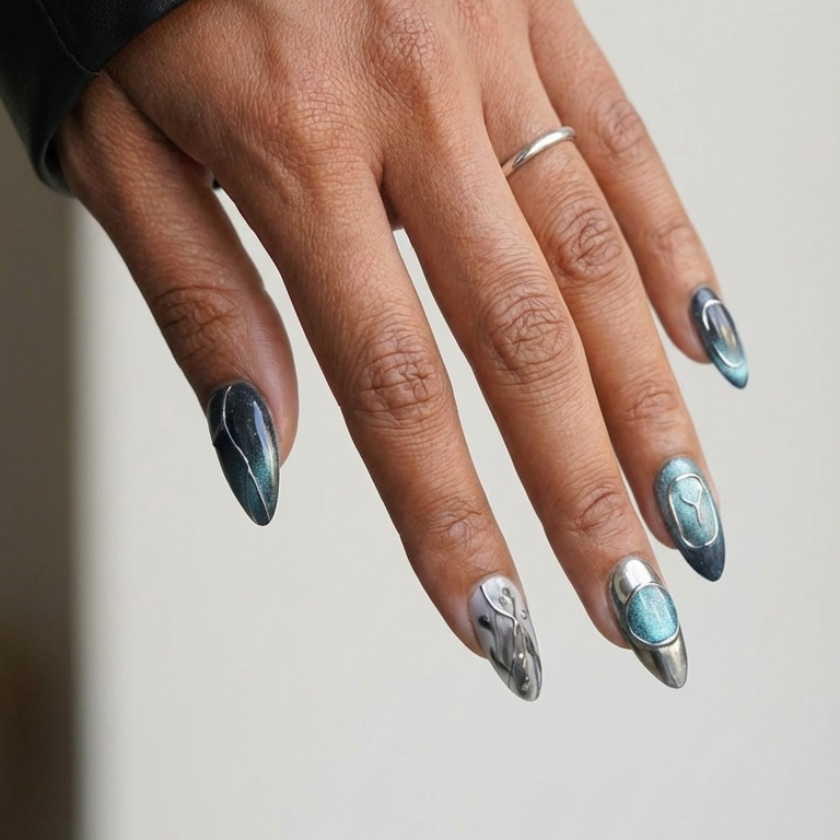 Ellie Vincy Press on Nails  Oceanic Edge | Handmade Nails Almond  Blue  Abstract, Metallic, Geometric, Chrome